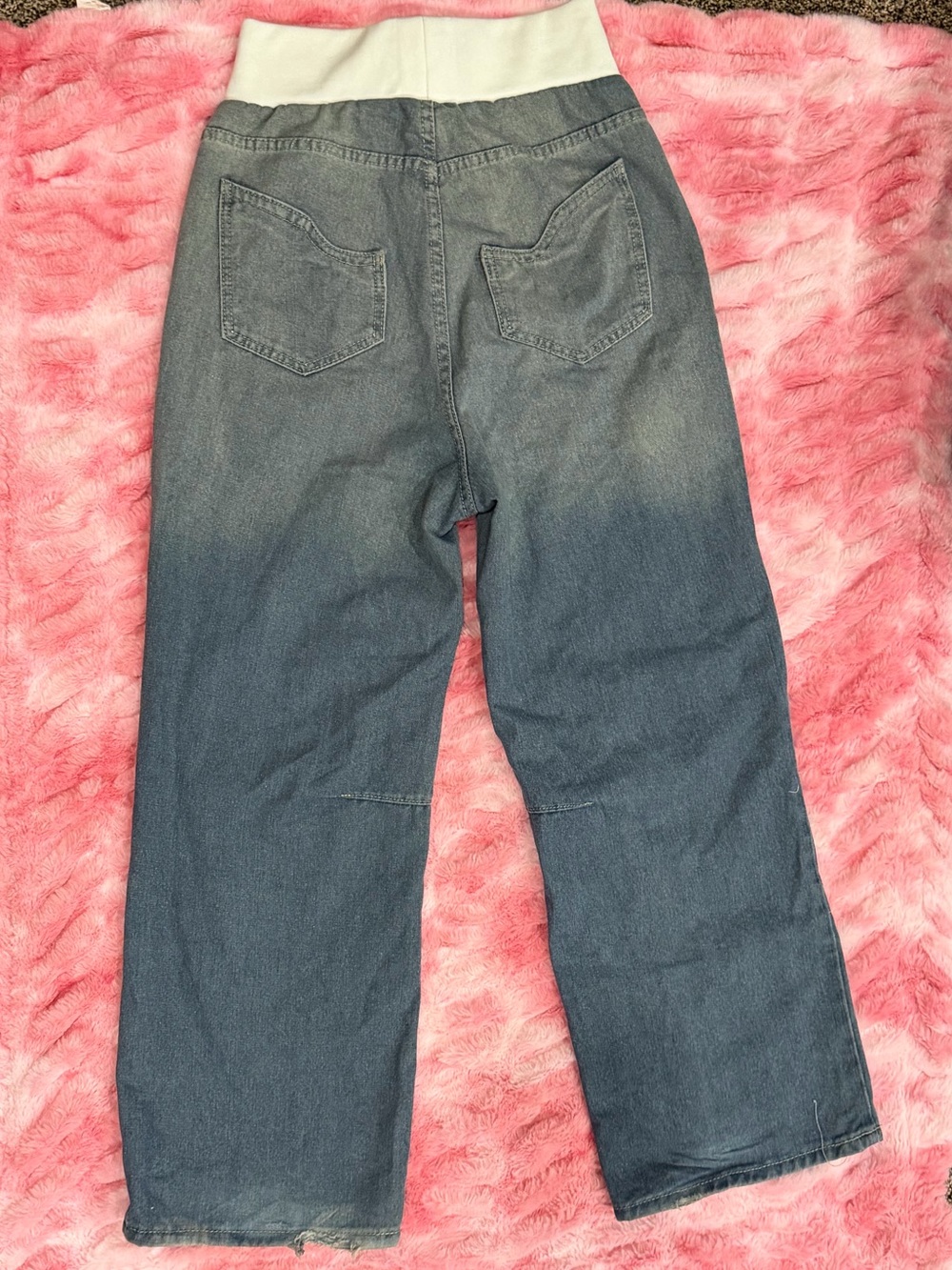 Y2K Inspired Blue Baggy Wide Leg Jeans White Ribbed Waist Size M